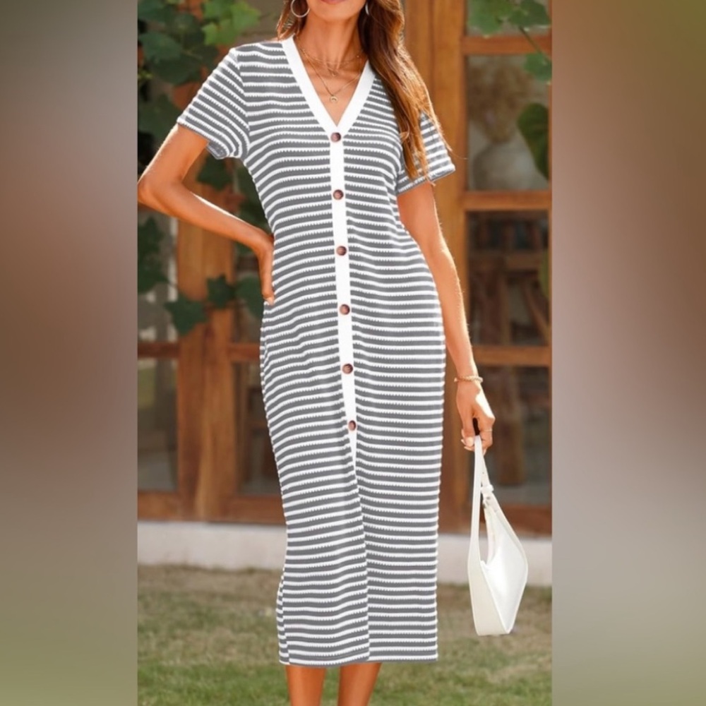 Women Casual Summer fall medium Dress Short Sleeve Striped Midi Dresses m Button